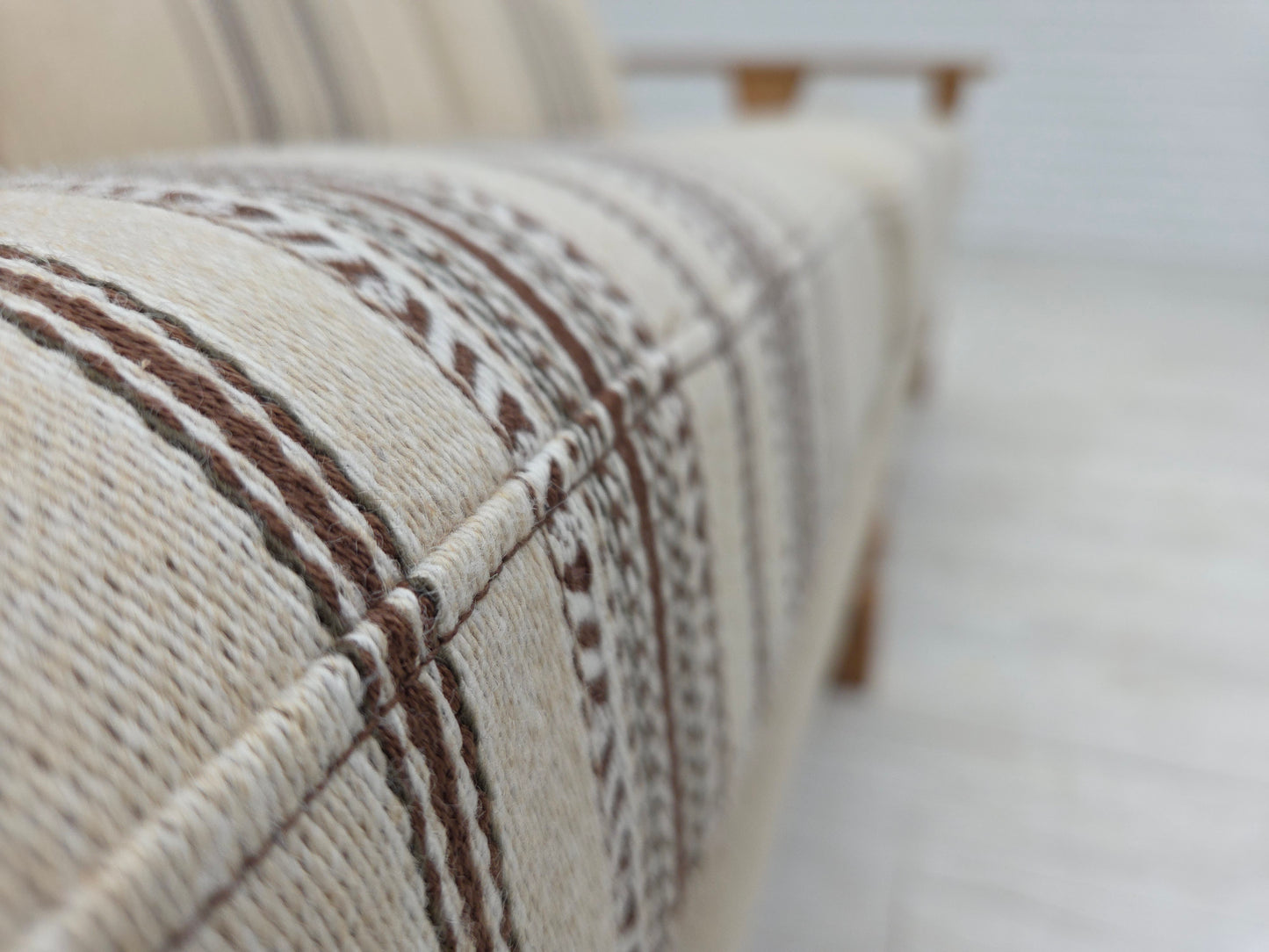 1970s, Danish 3-seater sofa, beige furniture wool, solid oak wood.