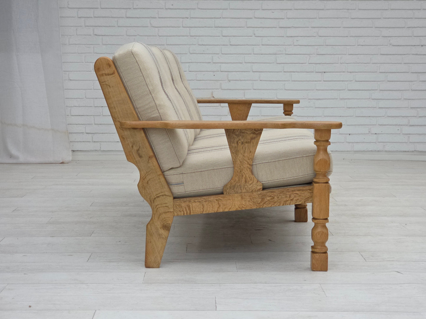 1970s, Danish 3-seater sofa, beige furniture wool, solid oak wood.