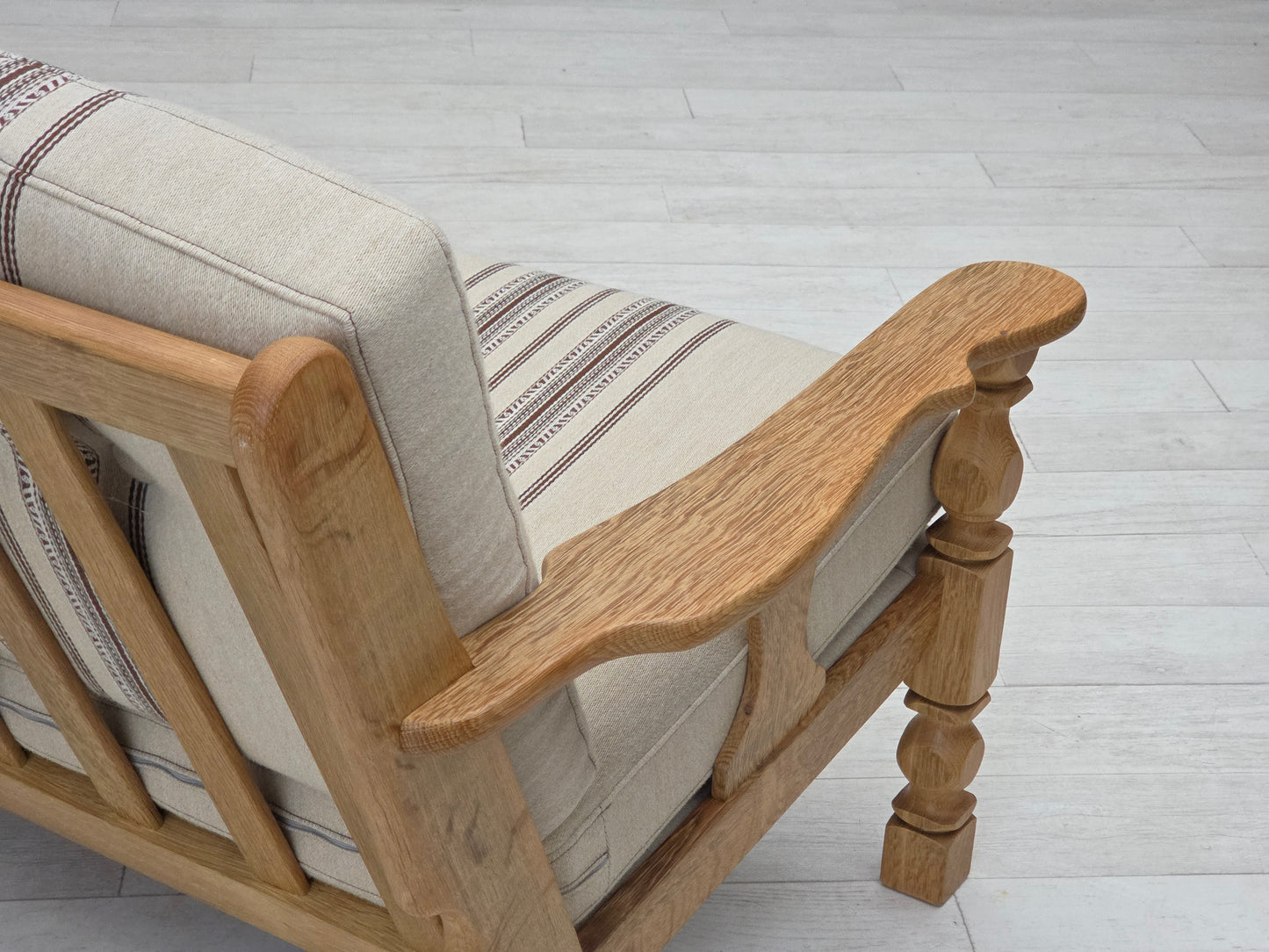 1970s, Danish 3-seater sofa, beige furniture wool, solid oak wood.