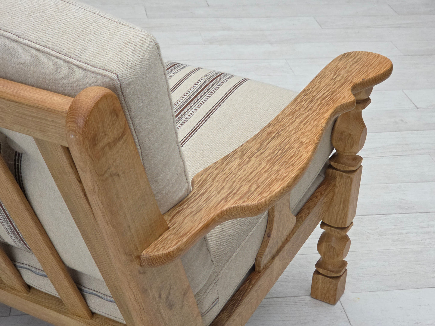 1970s, Danish 3-seater sofa, beige furniture wool, solid oak wood.