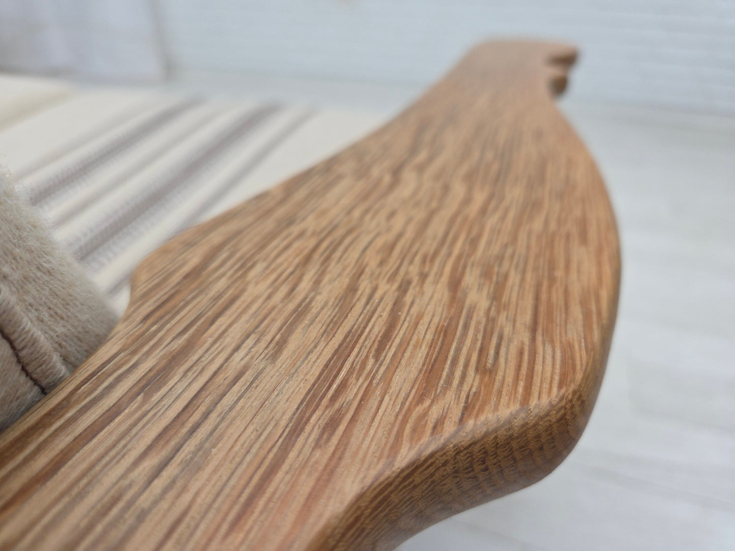 1970s, Danish 3-seater sofa, beige furniture wool, solid oak wood.