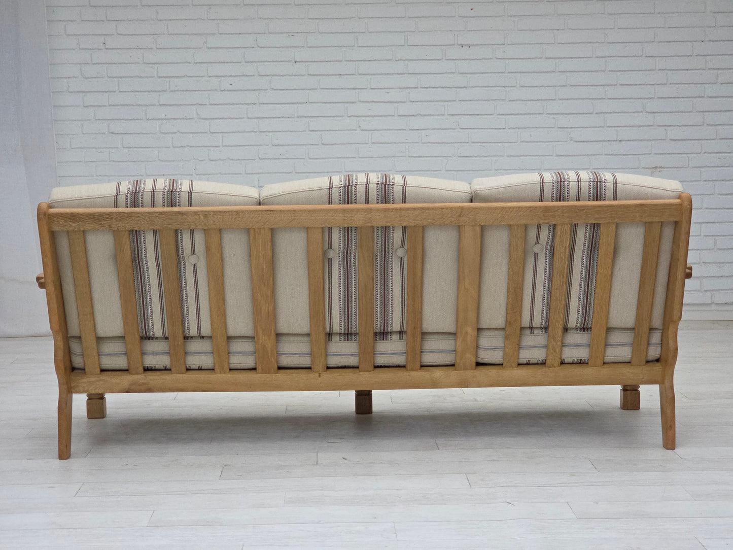 1970s, Danish 3-seater sofa, beige furniture wool, solid oak wood.