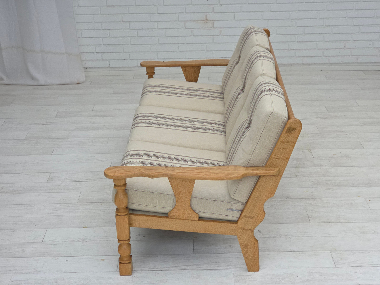 1970s, Danish 3-seater sofa, beige furniture wool, solid oak wood.