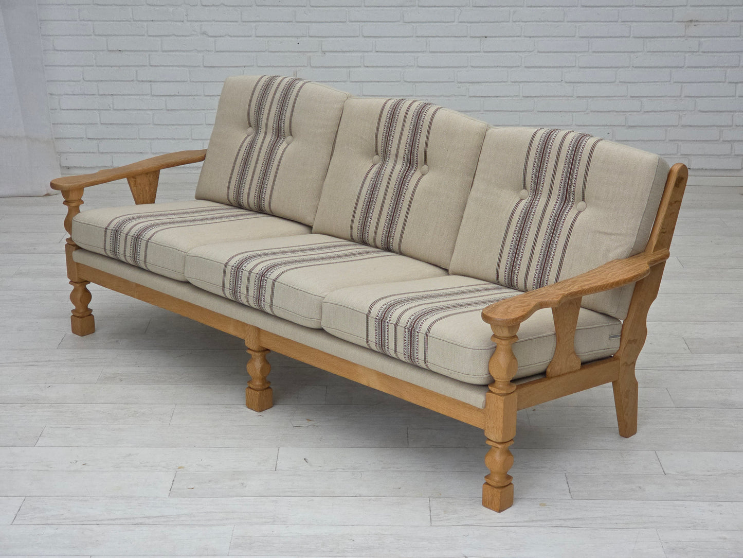 1970s, Danish 3-seater sofa, beige furniture wool, solid oak wood.