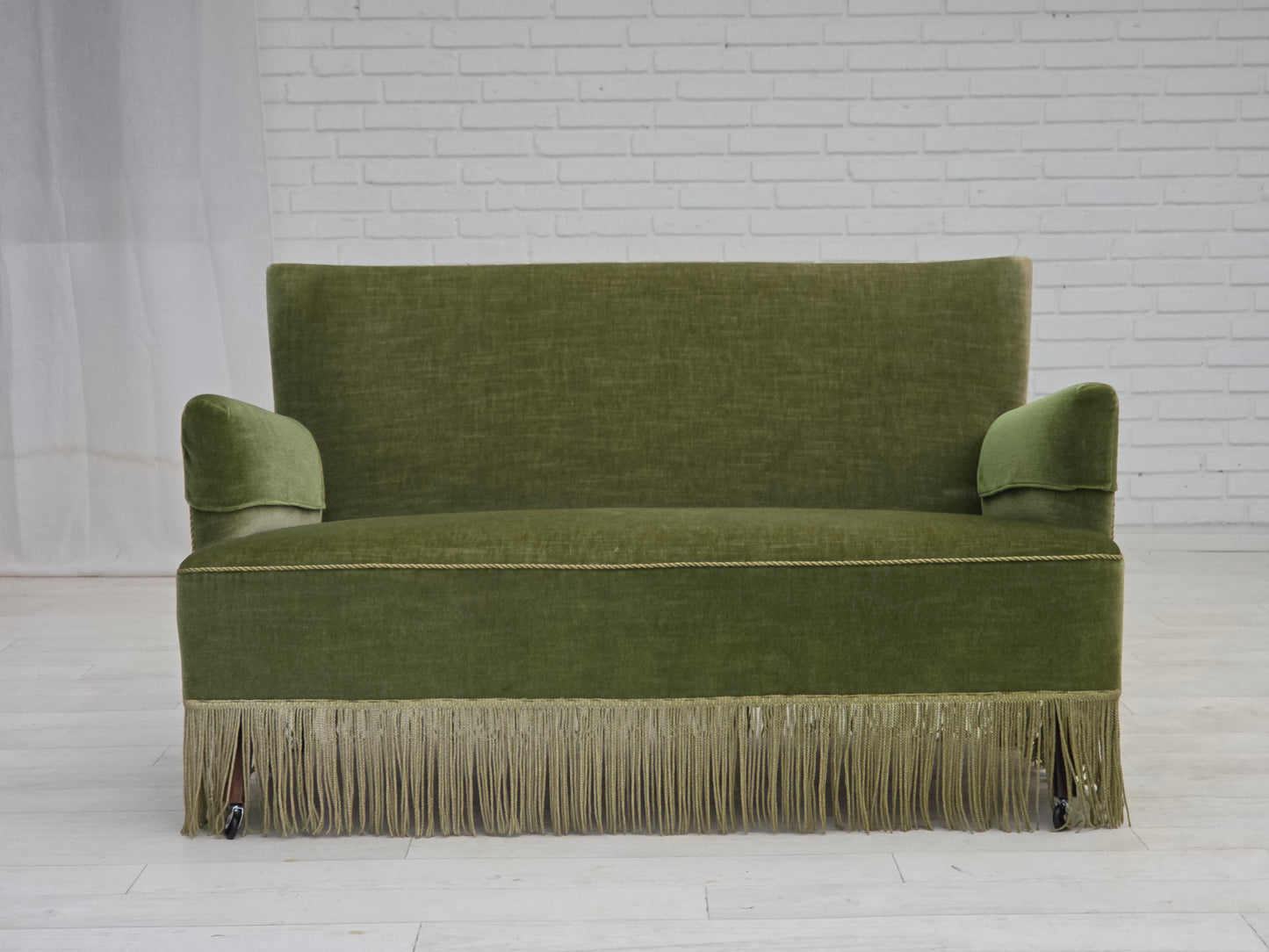 1970s, Danish 2-seater sofa, green furniture velour, beech wood legs.