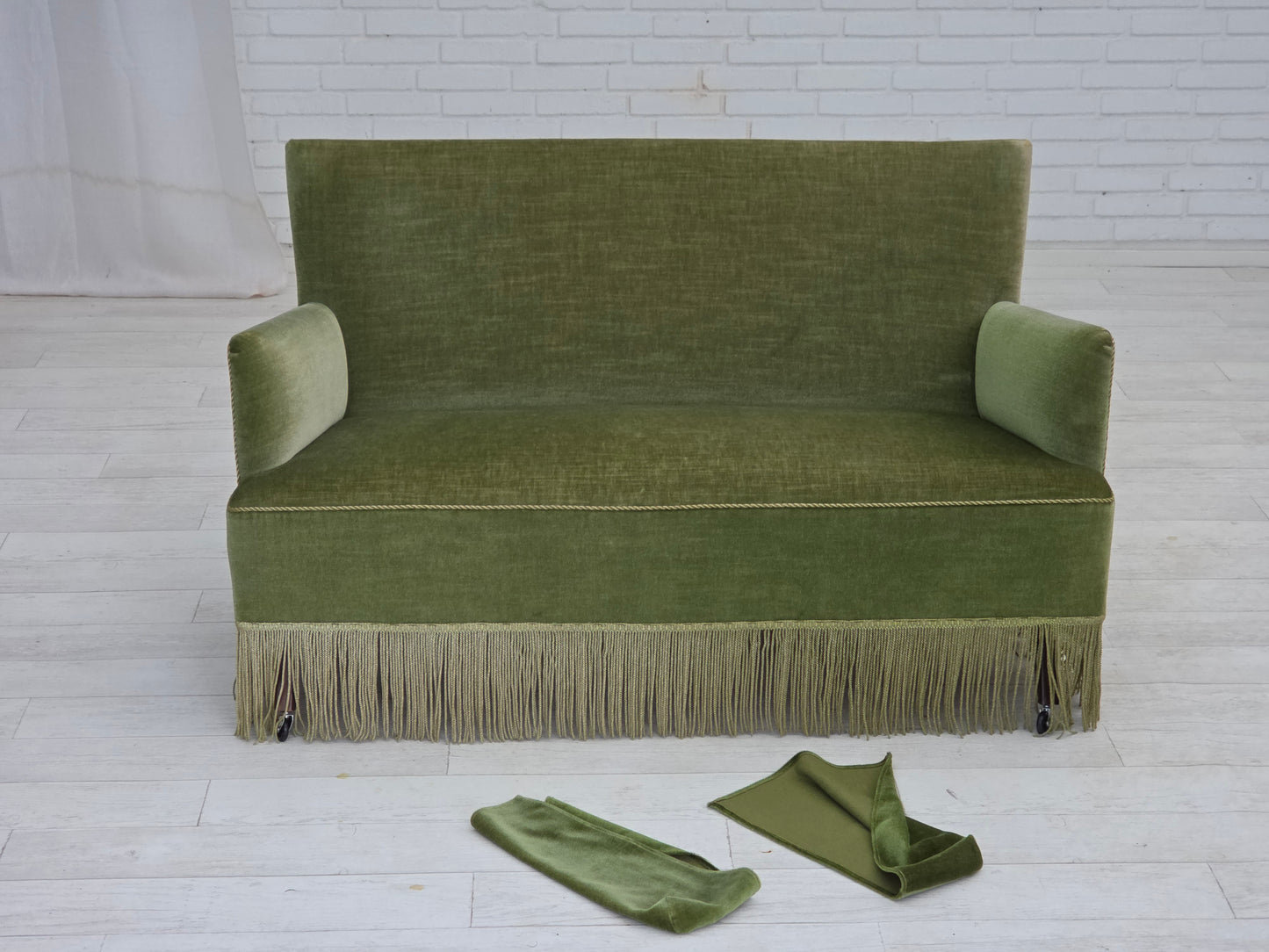 1970s, Danish 2-seater sofa, green furniture velour, beech wood legs.