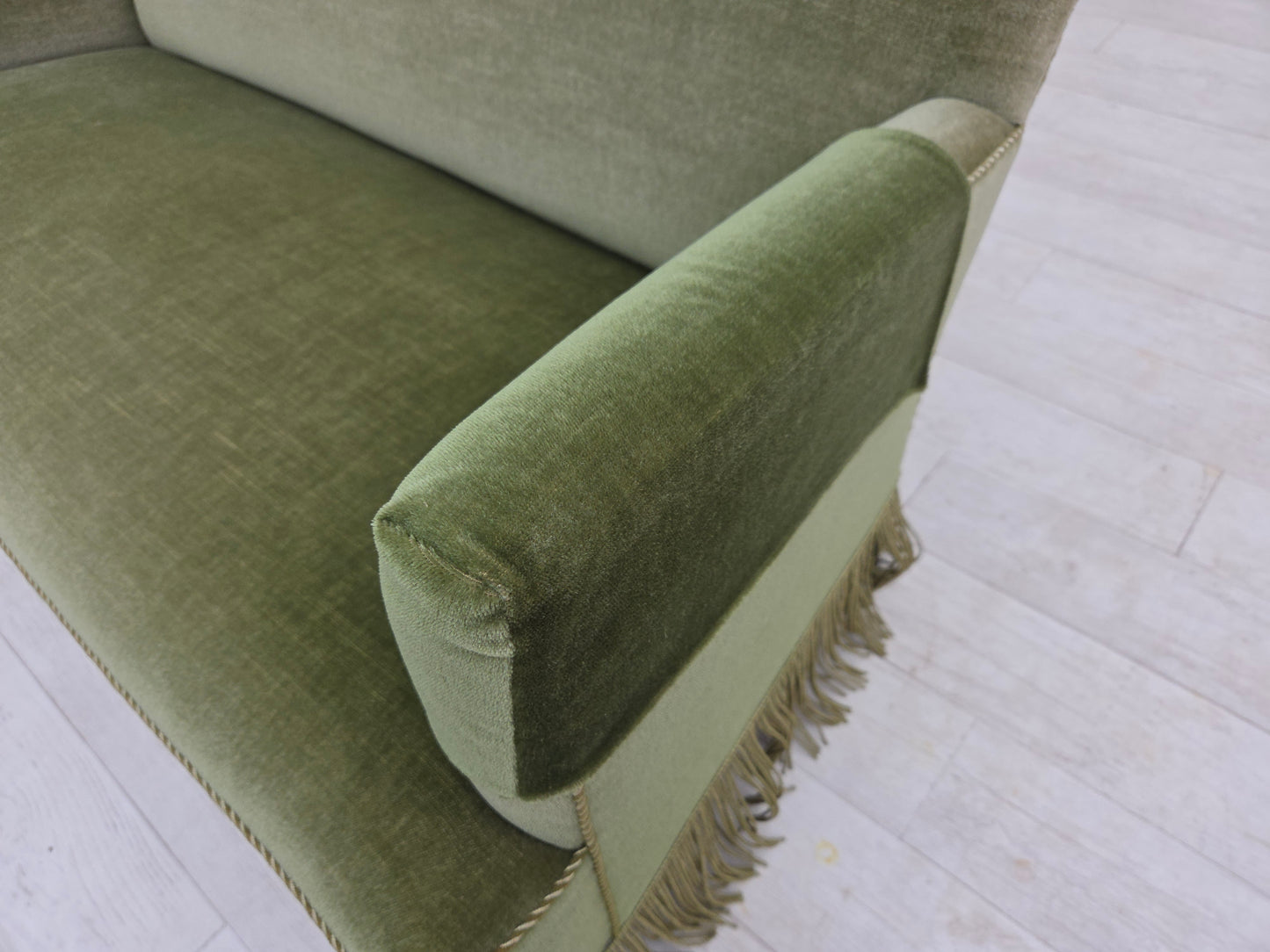 1970s, Danish 2-seater sofa, green furniture velour, beech wood legs.