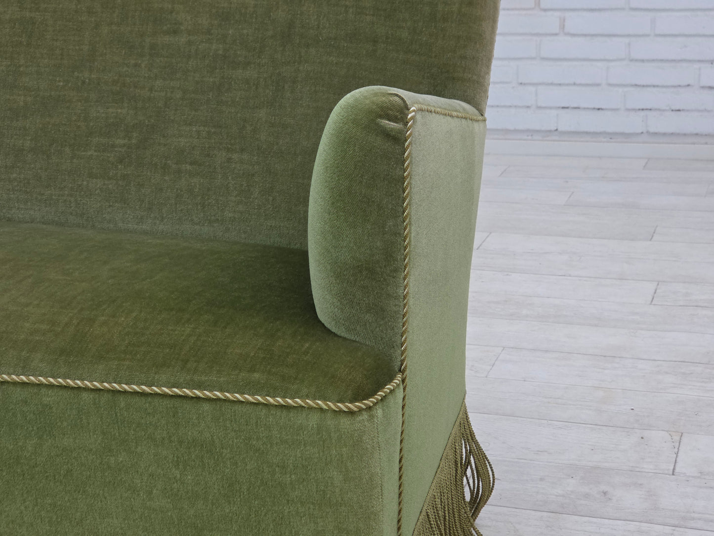 1970s, Danish 2-seater sofa, green furniture velour, beech wood legs.