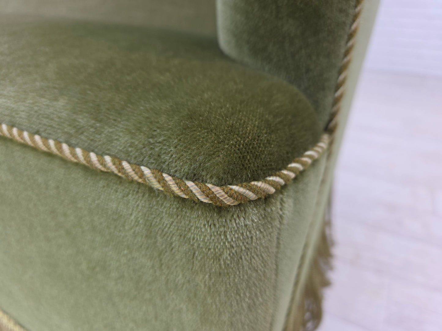 1970s, Danish 2-seater sofa, green furniture velour, beech wood legs.