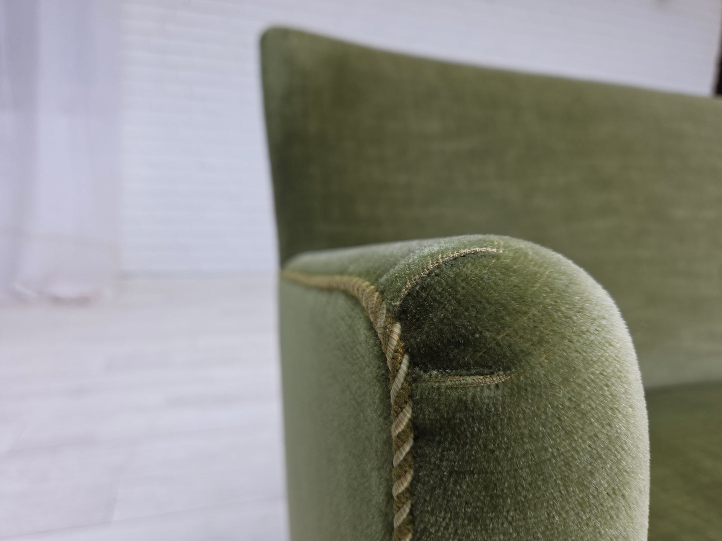 1970s, Danish 2-seater sofa, green furniture velour, beech wood legs.