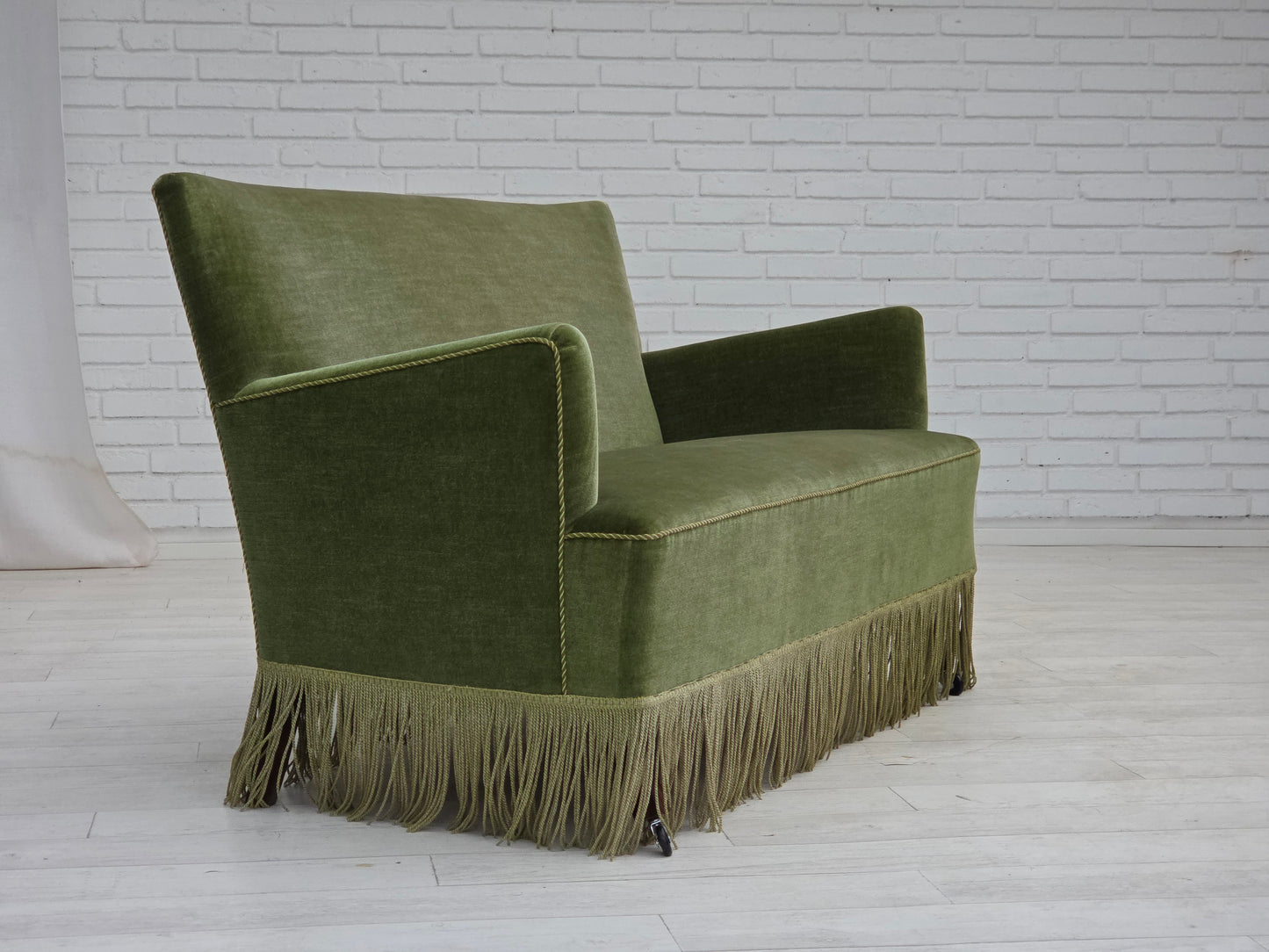 1970s, Danish 2-seater sofa, green furniture velour, beech wood legs.