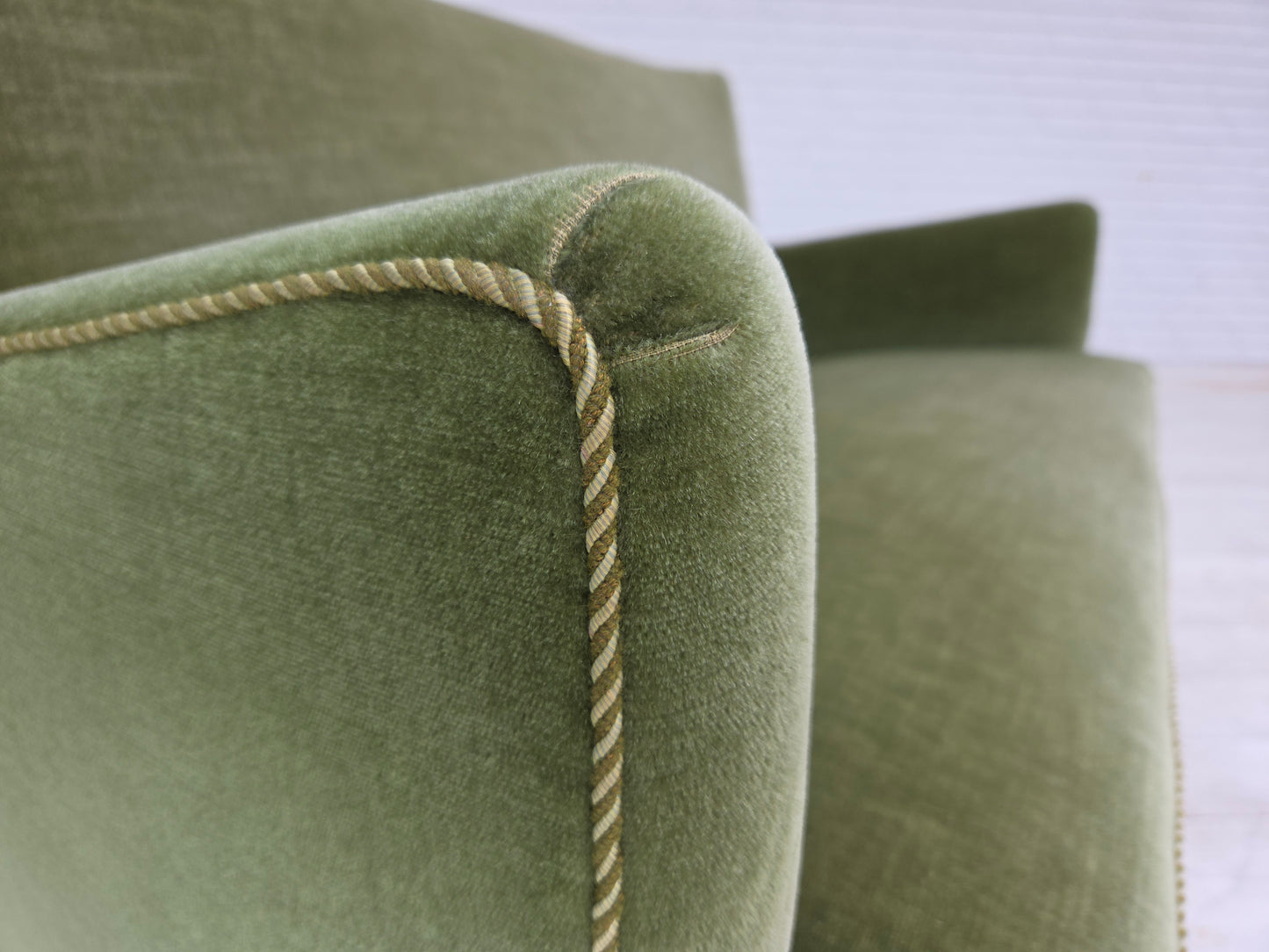 1970s, Danish 2-seater sofa, green furniture velour, beech wood legs.