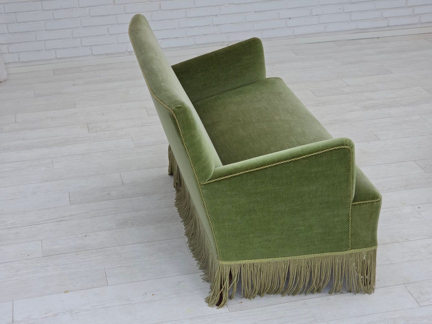 1970s, Danish 2-seater sofa, green furniture velour, beech wood legs.