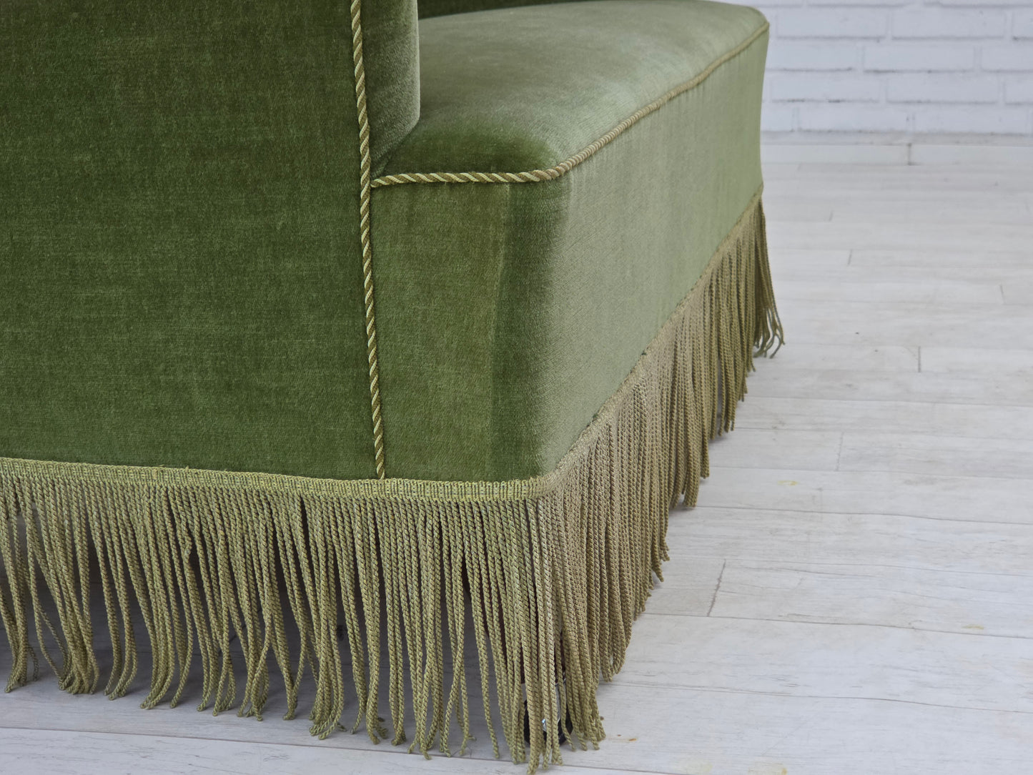 1970s, Danish 2-seater sofa, green furniture velour, beech wood legs.