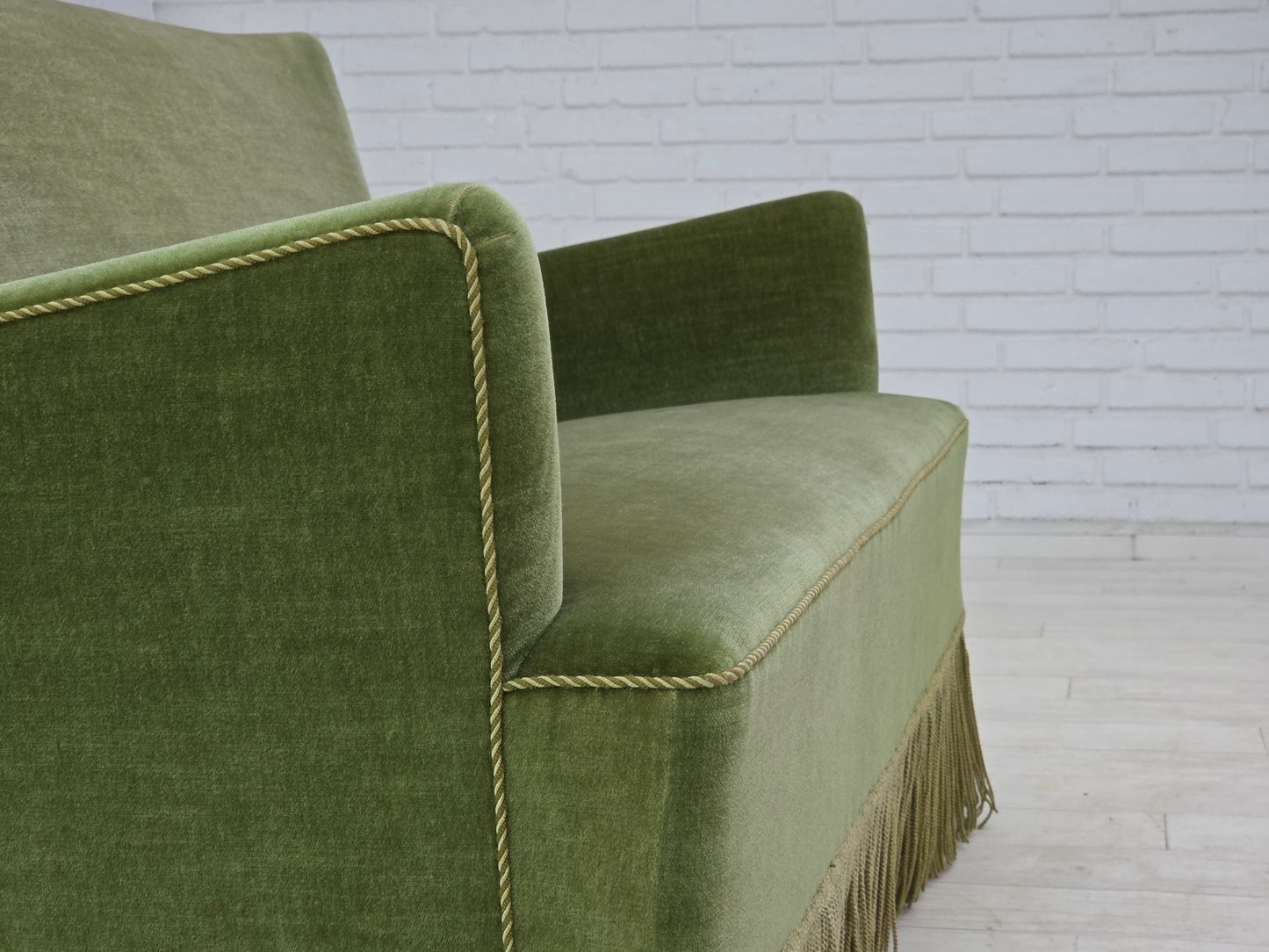 1970s, Danish 2-seater sofa, green furniture velour, beech wood legs.