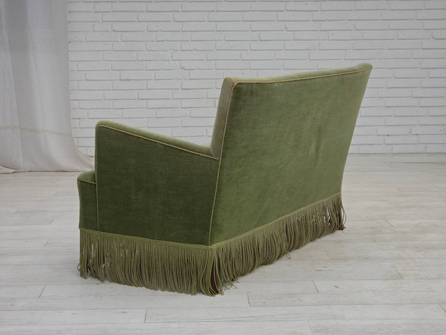 1970s, Danish 2-seater sofa, green furniture velour, beech wood legs.