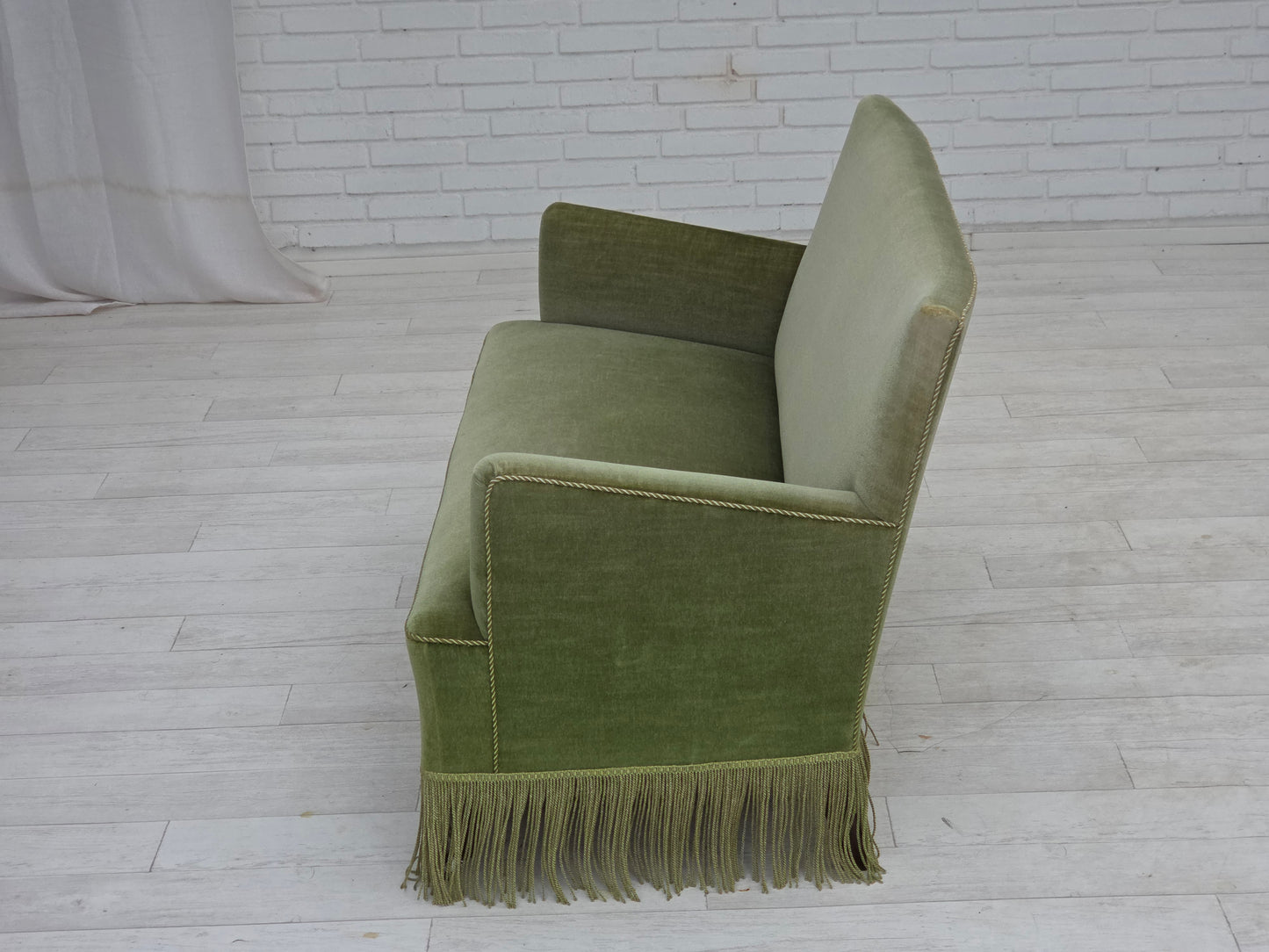 1970s, Danish 2-seater sofa, green furniture velour, beech wood legs.