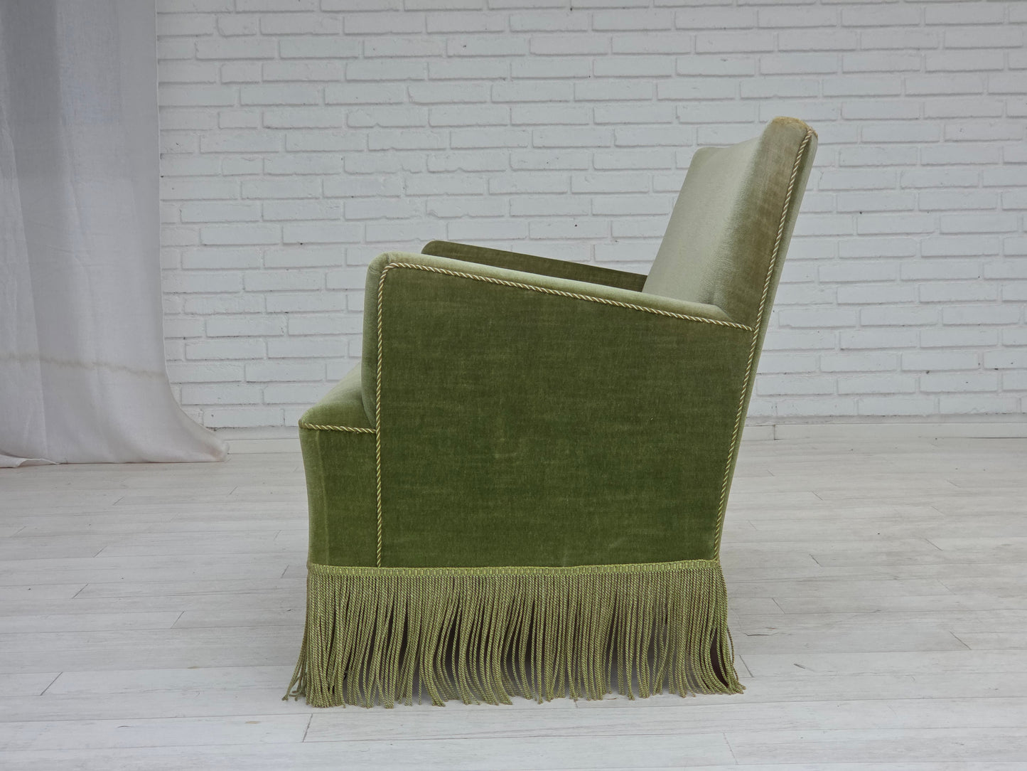 1970s, Danish 2-seater sofa, green furniture velour, beech wood legs.