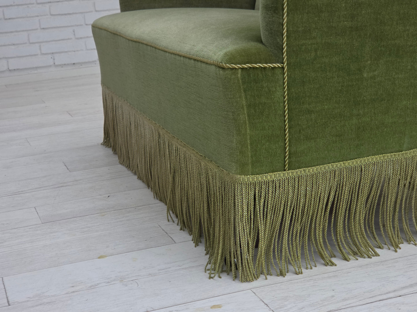 1970s, Danish 2-seater sofa, green furniture velour, beech wood legs.