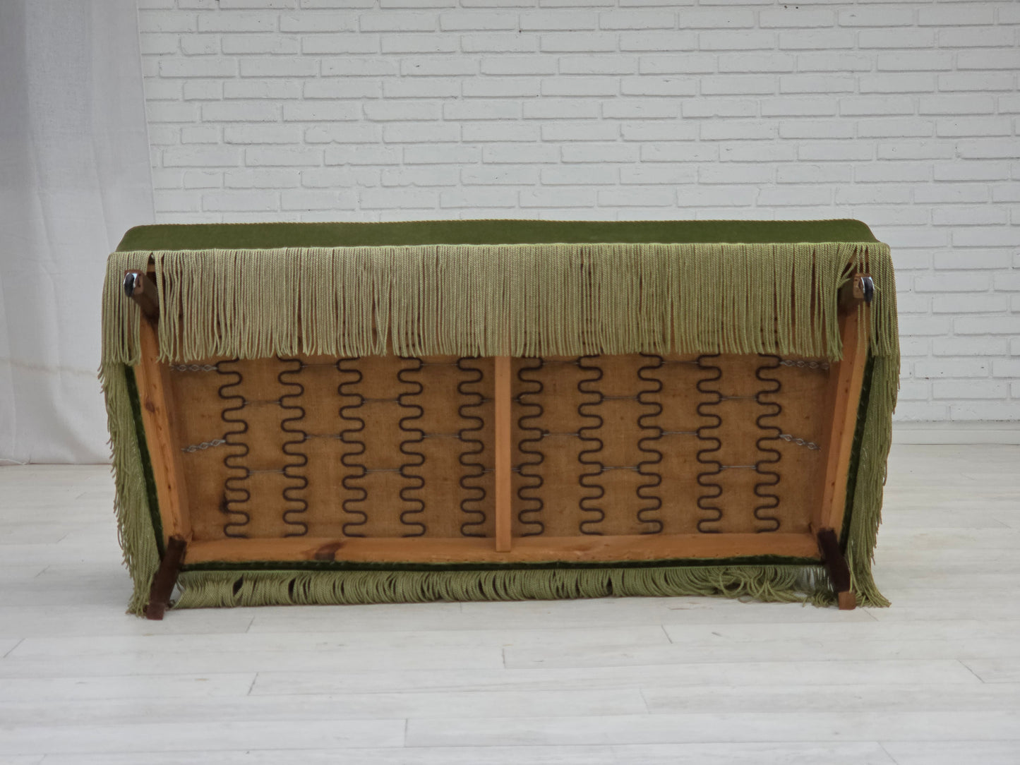 1970s, Danish 2-seater sofa, green furniture velour, beech wood legs.