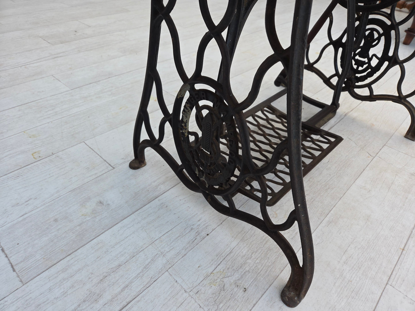 1930s, Singer sewing machine table, solid oak wood, cast iron.