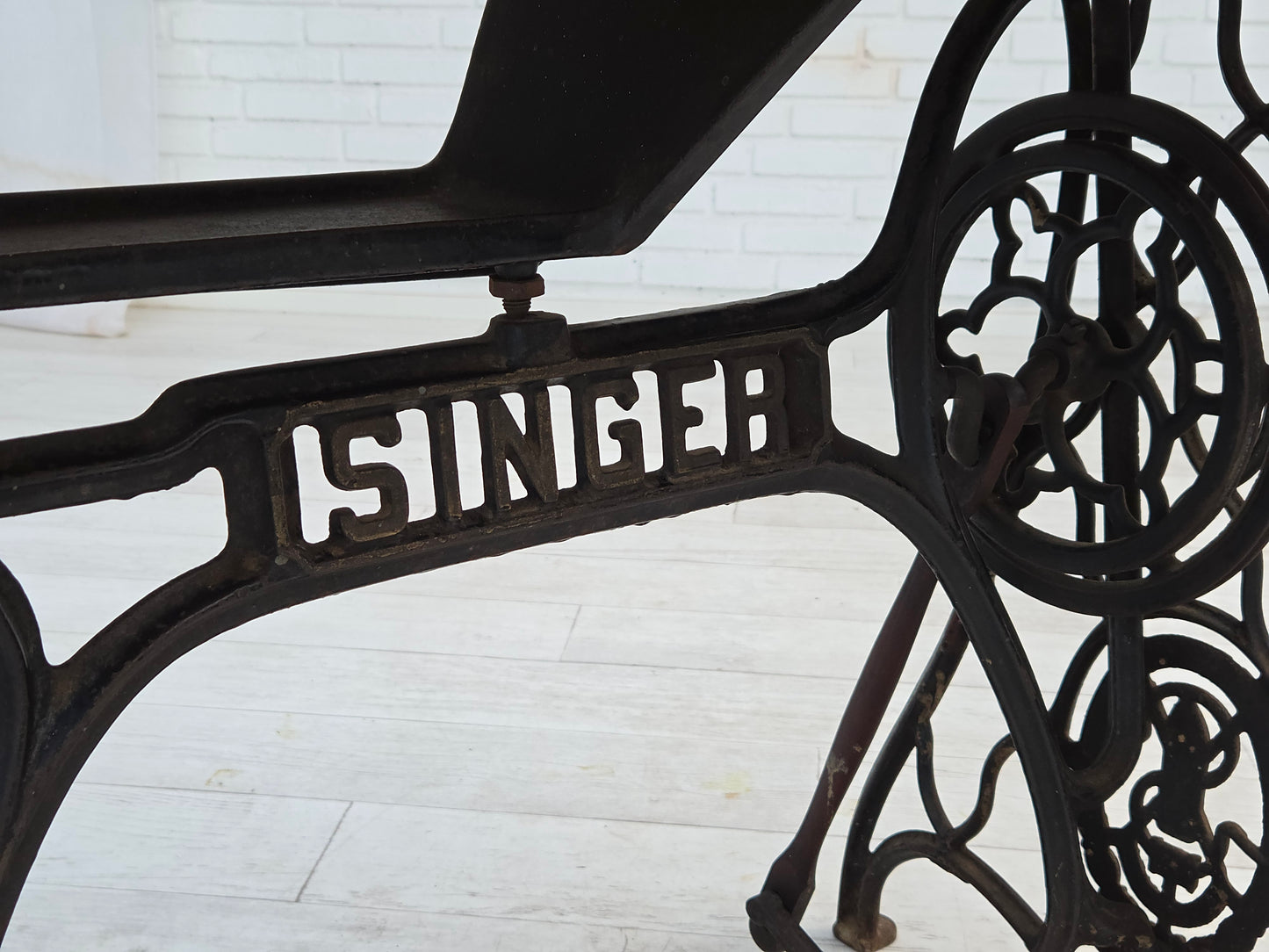 1930s, Singer sewing machine table, solid oak wood, cast iron.