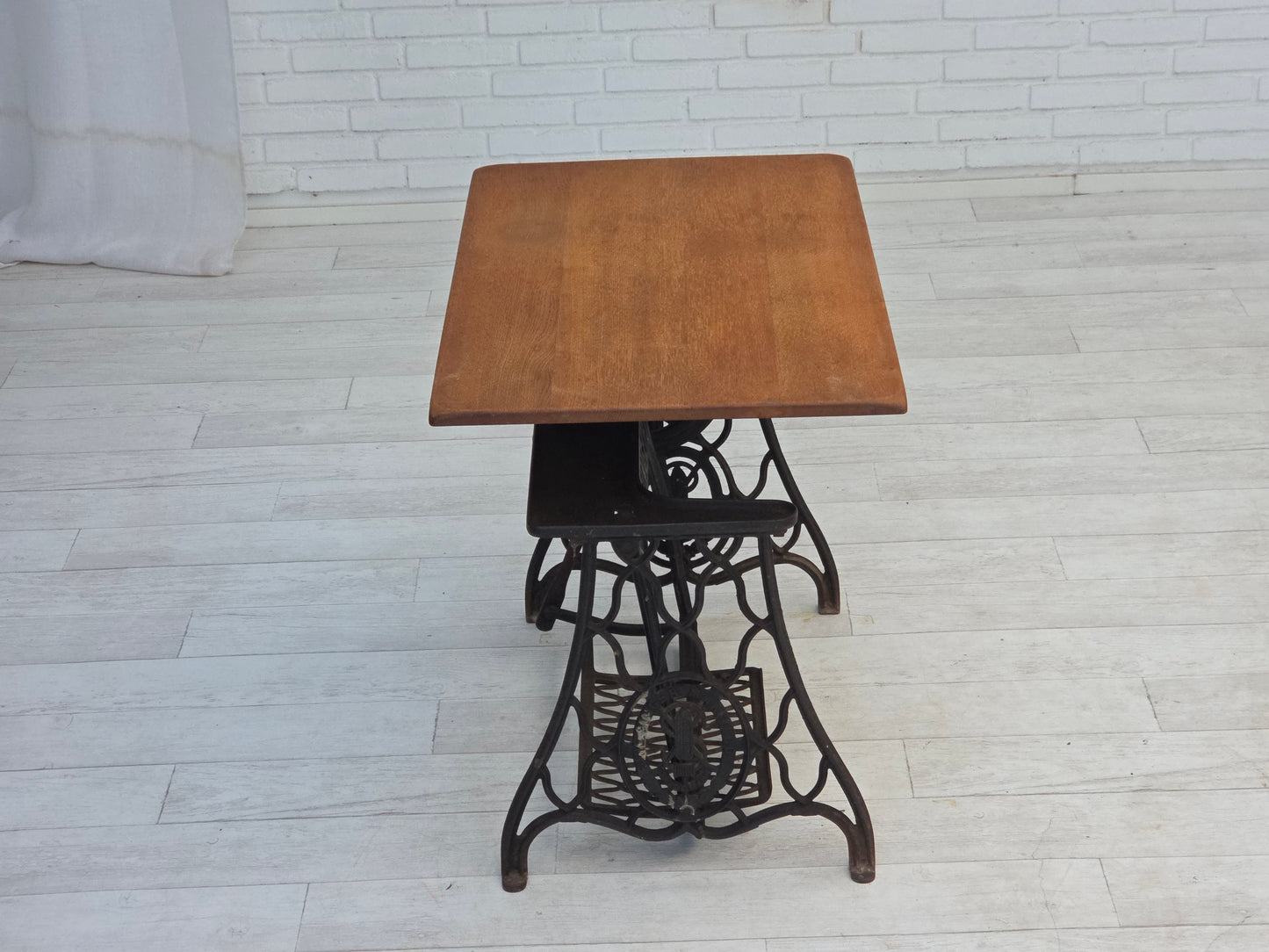 1930s, Singer sewing machine table, solid oak wood, cast iron.