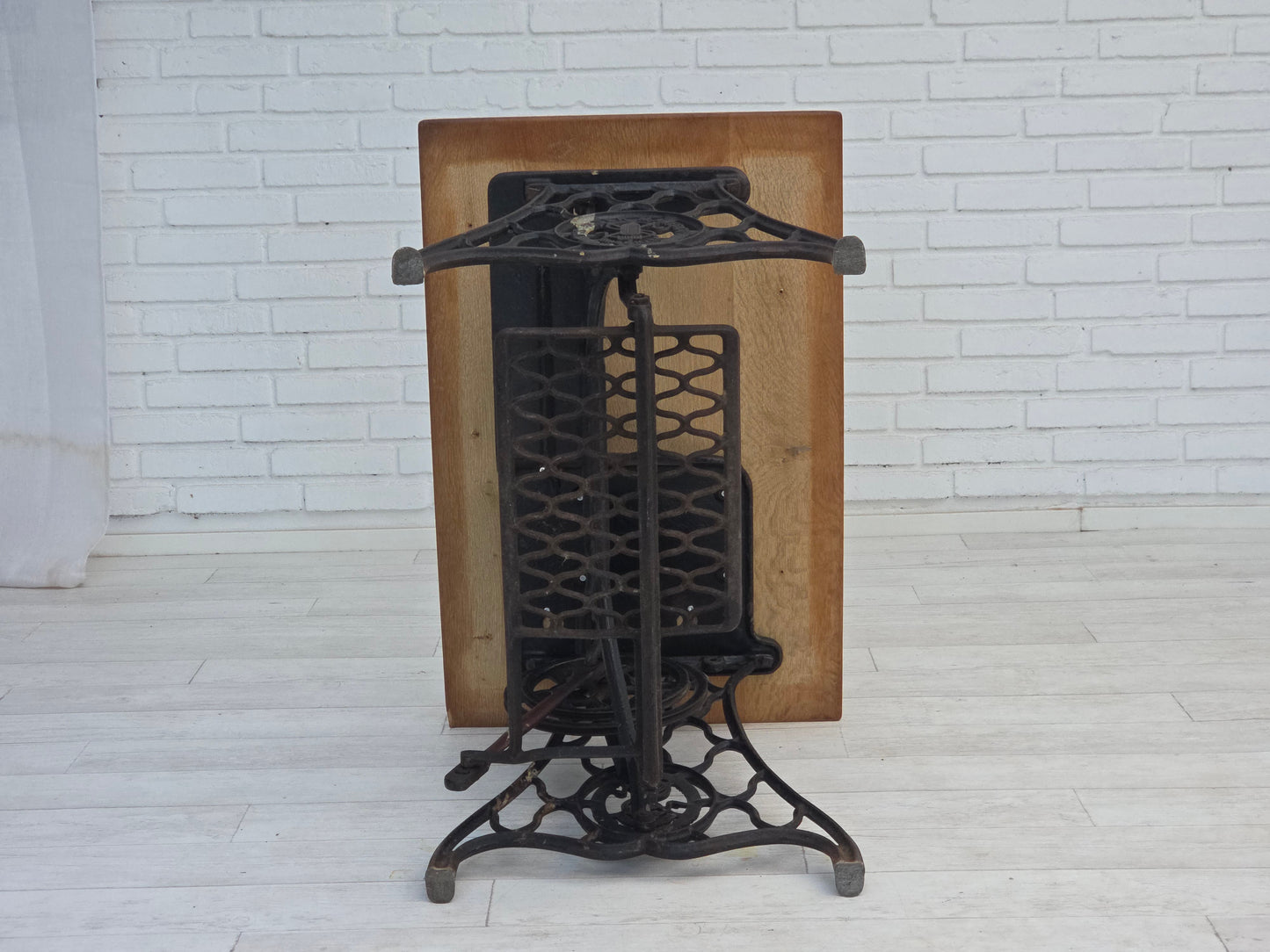 1930s, Singer sewing machine table, solid oak wood, cast iron.