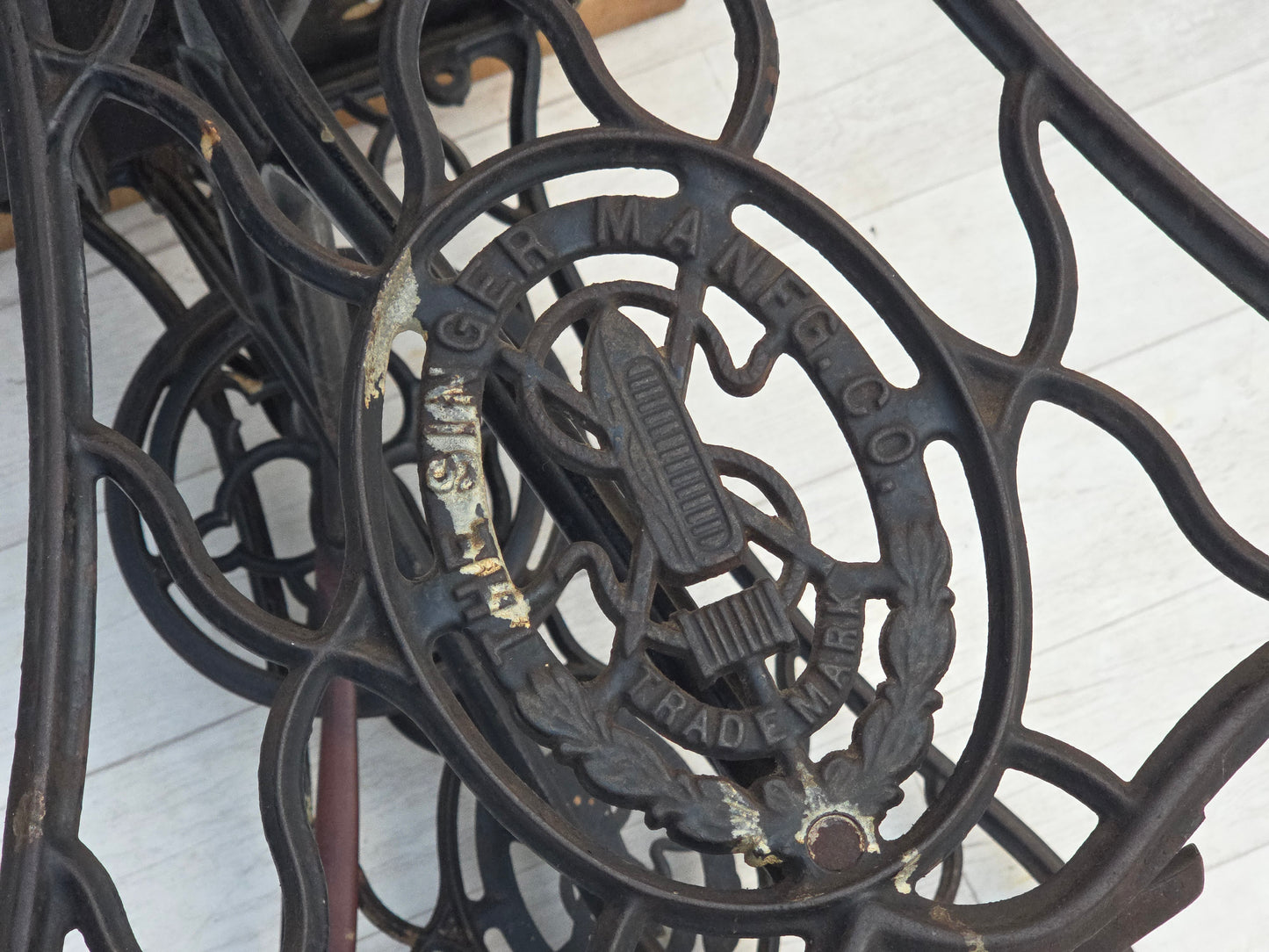 1930s, Singer sewing machine table, solid oak wood, cast iron.