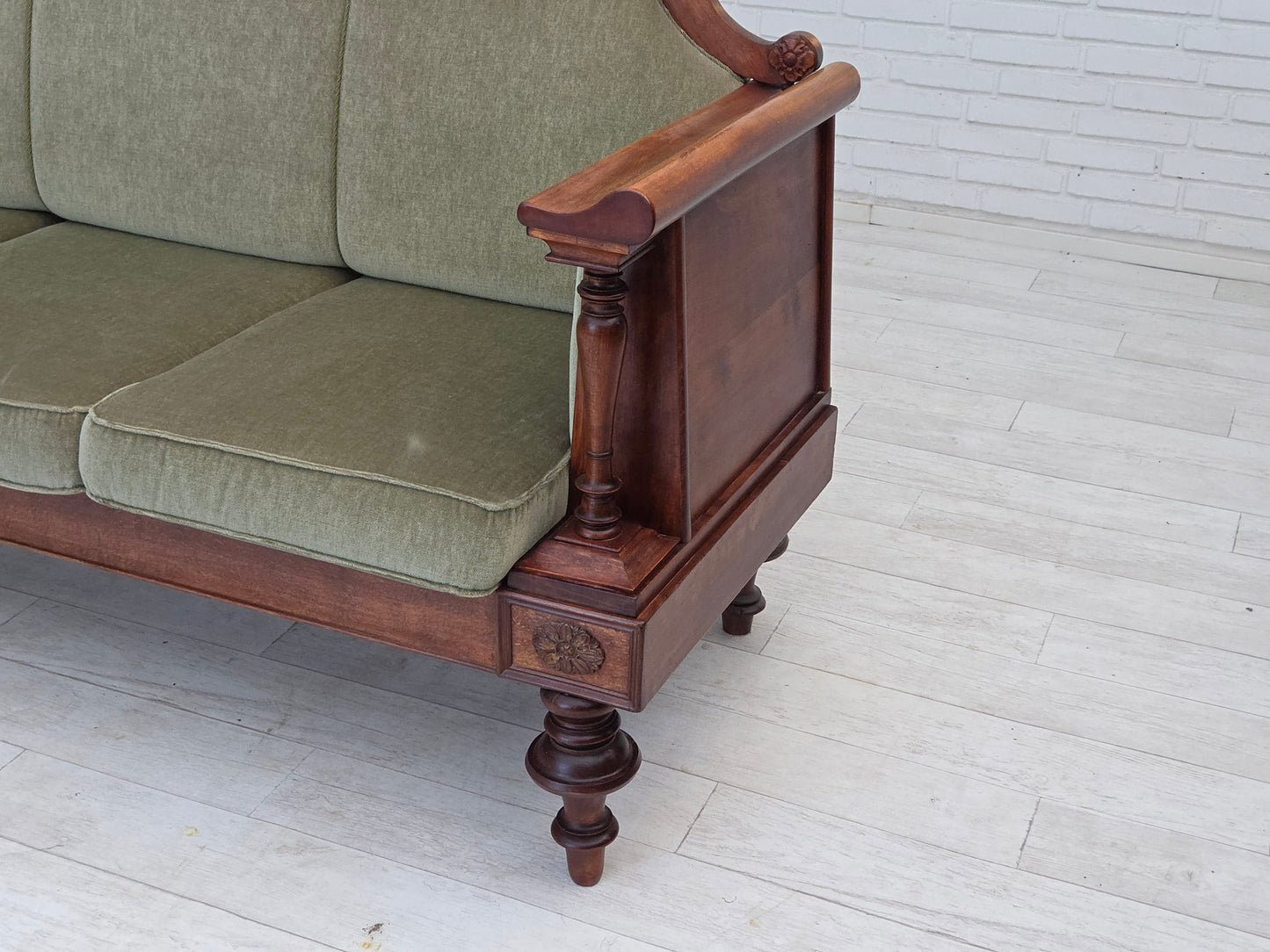 1930s, Danish 3 seater antique sofa, furniture velour, ash wood, reupholstered.