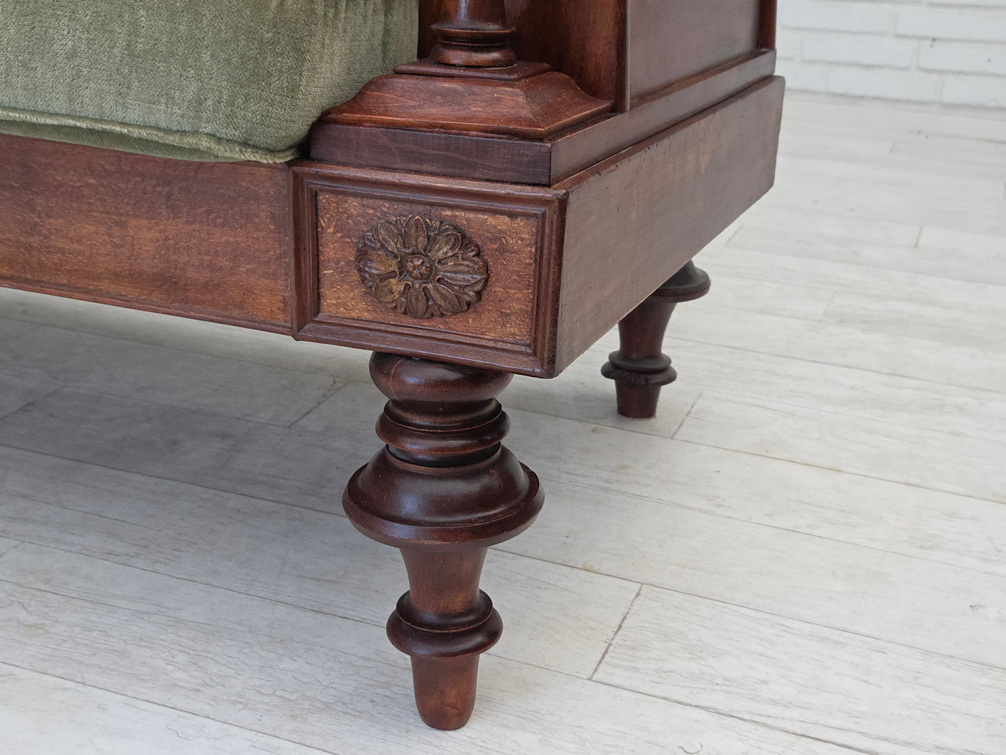 1930s, Danish 3 seater antique sofa, furniture velour, ash wood, reupholstered.