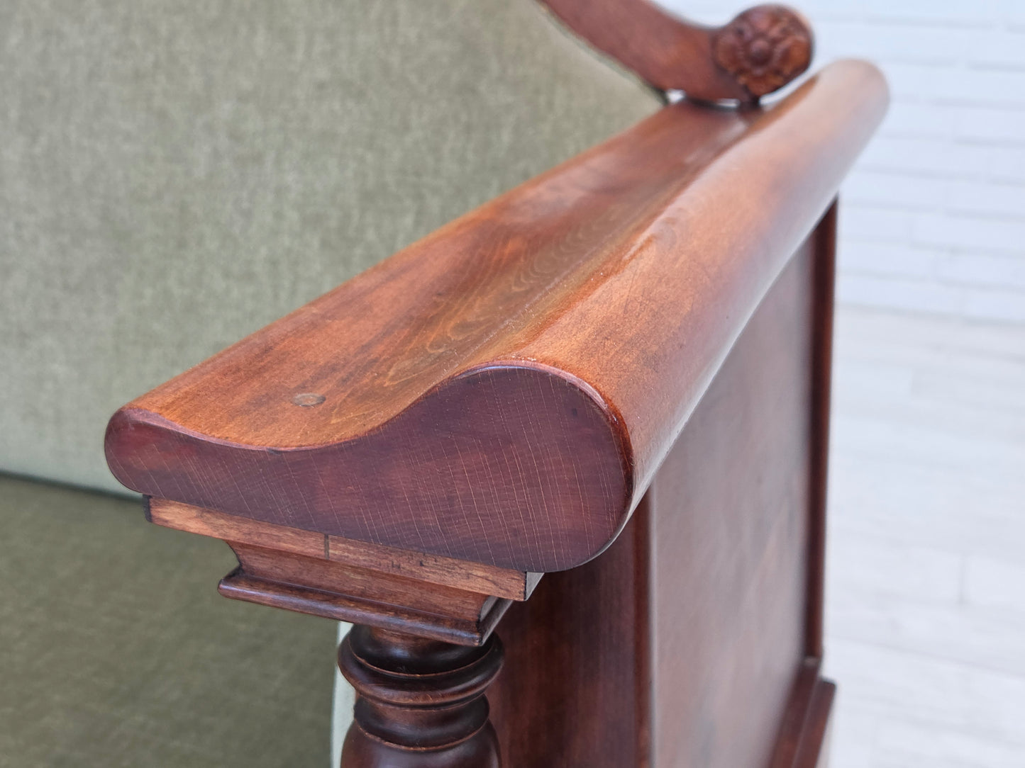 1930s, Danish 3 seater antique sofa, furniture velour, ash wood, reupholstered.