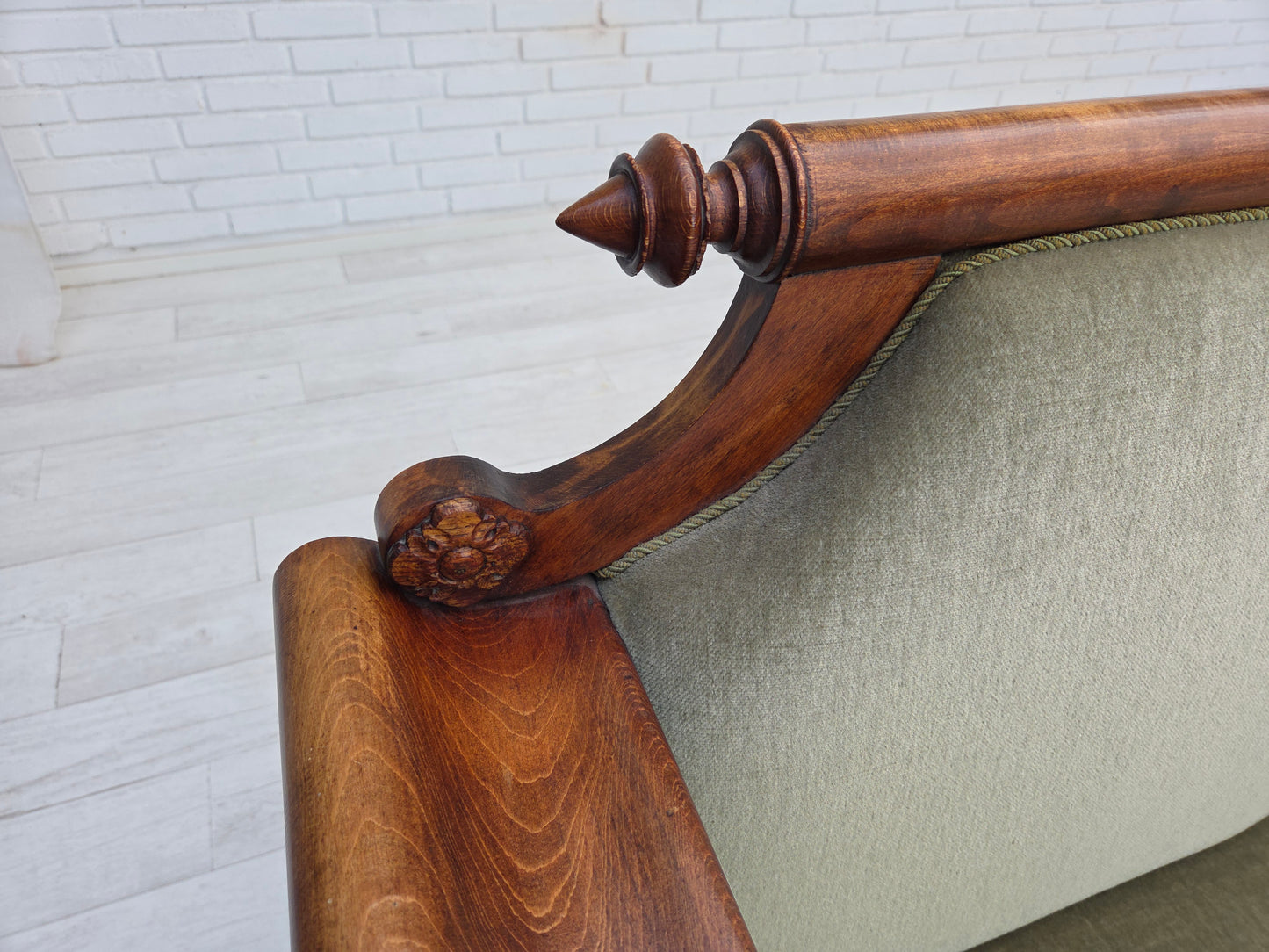 1930s, Danish 3 seater antique sofa, furniture velour, ash wood, reupholstered.