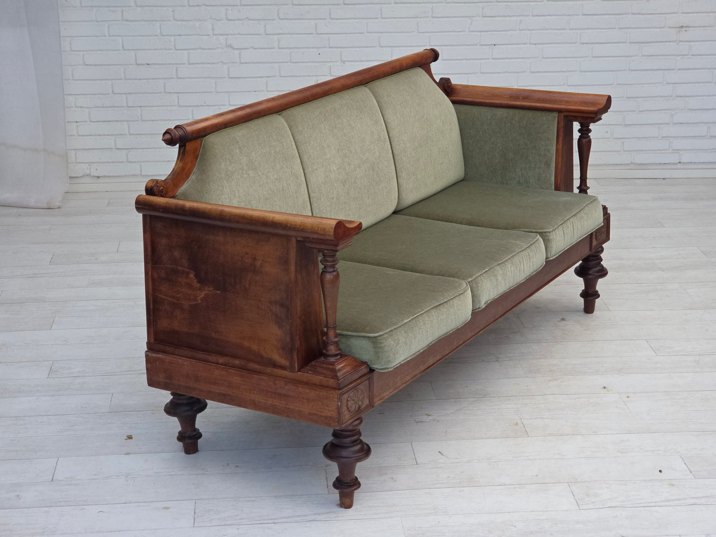 1930s, Danish 3 seater antique sofa, furniture velour, ash wood, reupholstered.