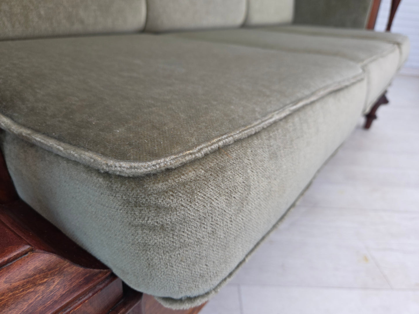 1930s, Danish 3 seater antique sofa, furniture velour, ash wood, reupholstered.