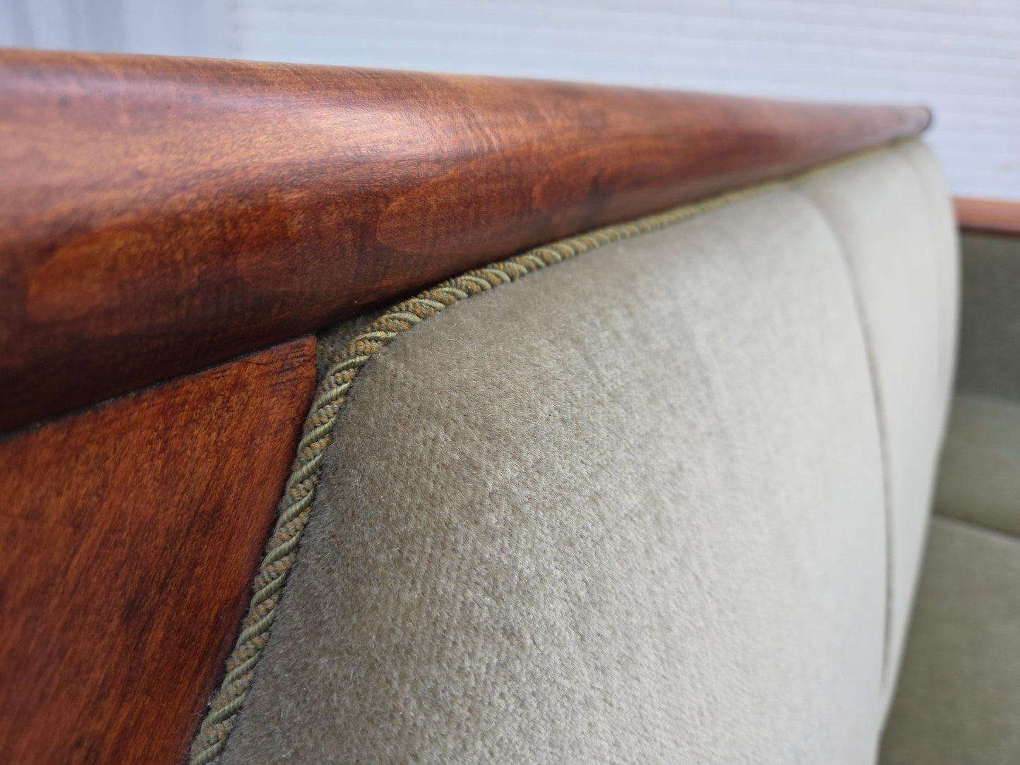 1930s, Danish 3 seater antique sofa, furniture velour, ash wood, reupholstered.