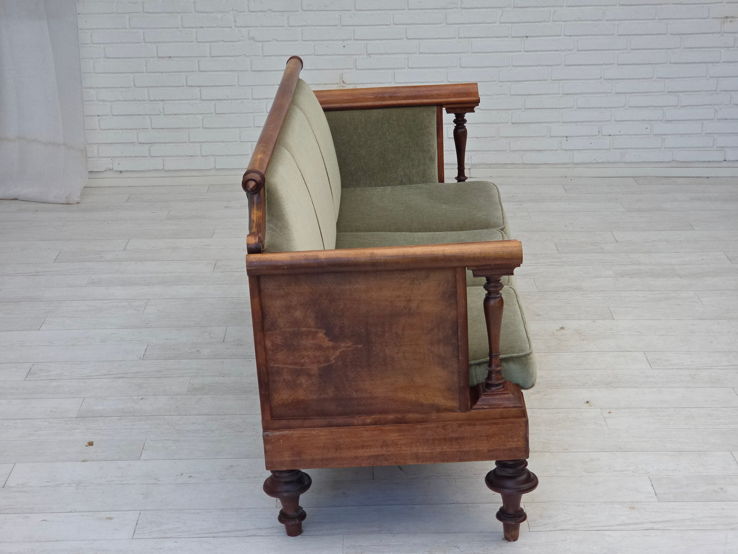 1930s, Danish 3 seater antique sofa, furniture velour, ash wood, reupholstered.