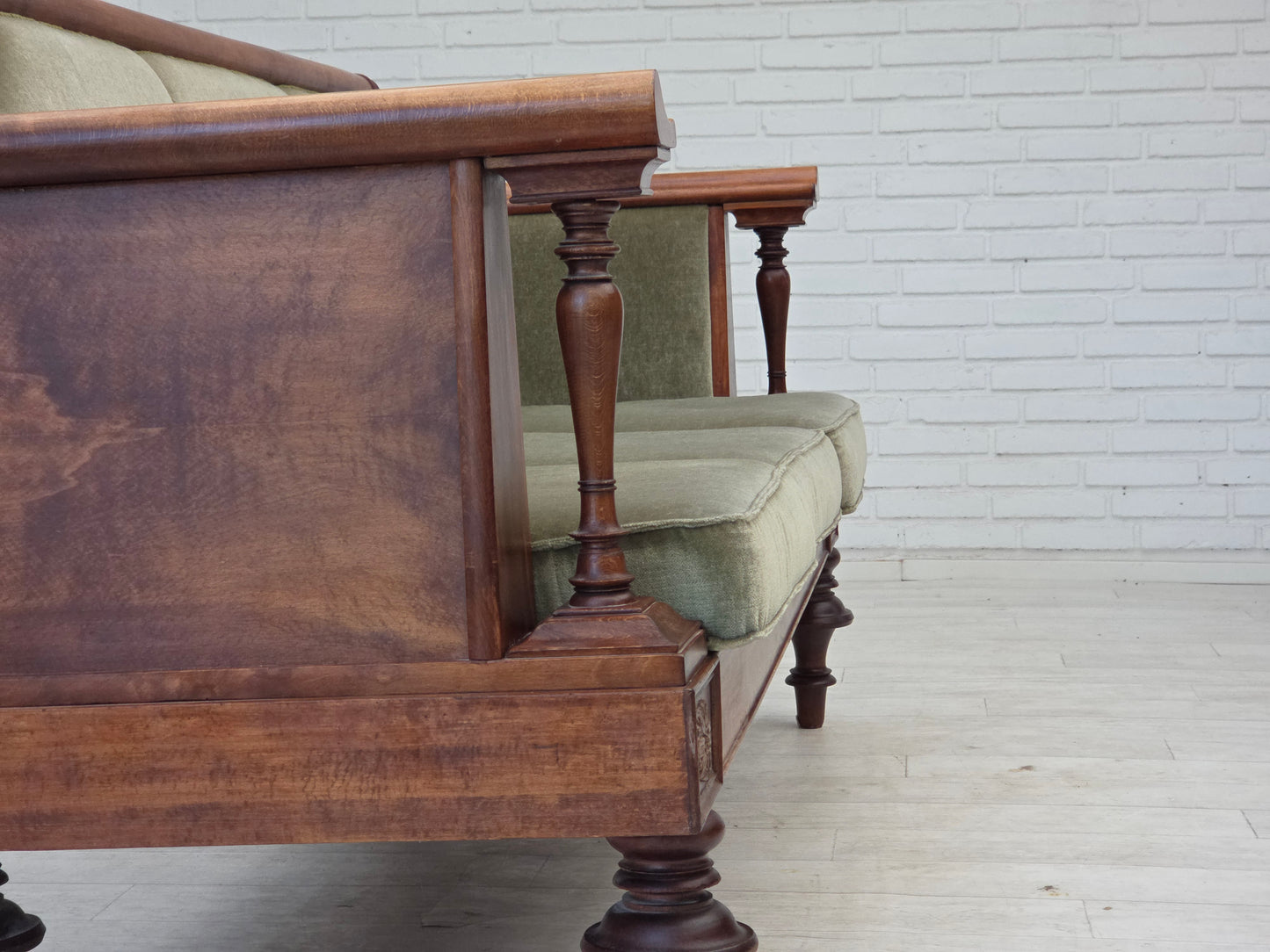 1930s, Danish 3 seater antique sofa, furniture velour, ash wood, reupholstered.