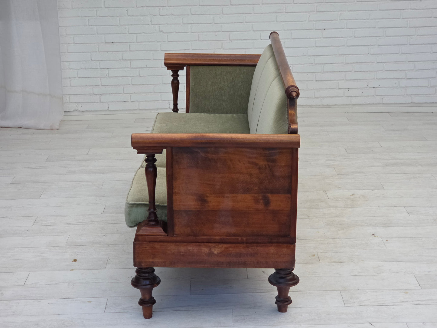 1930s, Danish 3 seater antique sofa, furniture velour, ash wood, reupholstered.