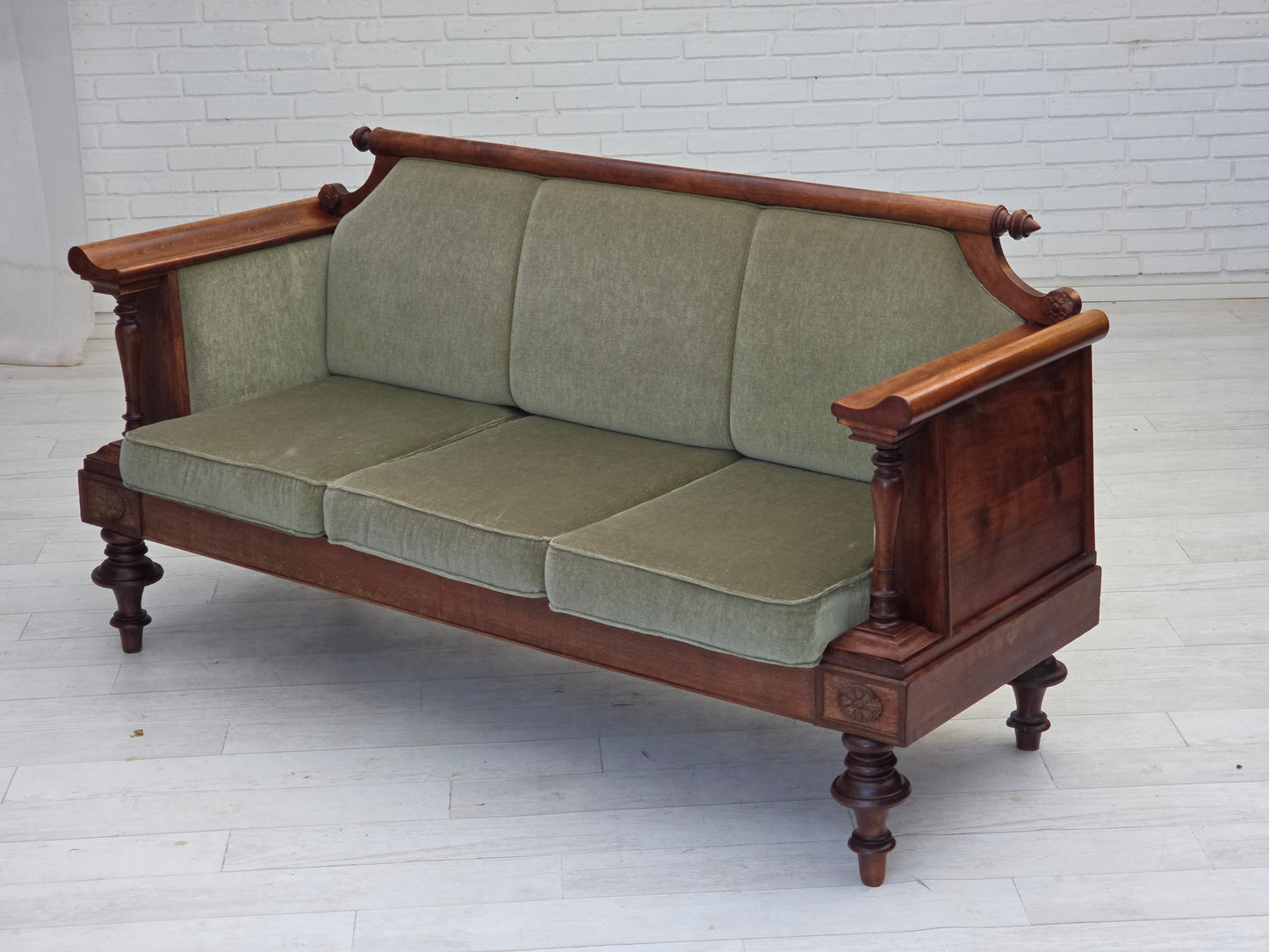 1930s, Danish 3 seater antique sofa, furniture velour, ash wood, reupholstered.