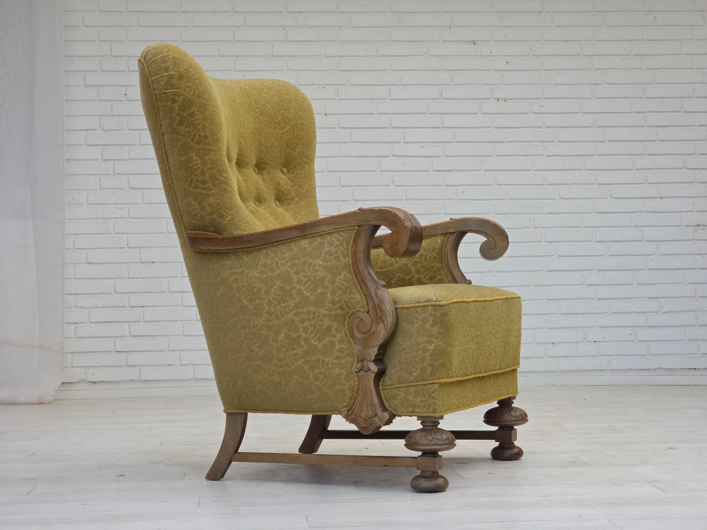 1960s, Danish highback armchair, furniture cotton/wool fabric, solid oak wood.