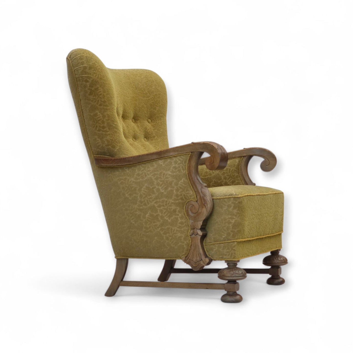 1960s, Danish highback armchair, furniture cotton/wool fabric, solid oak wood.