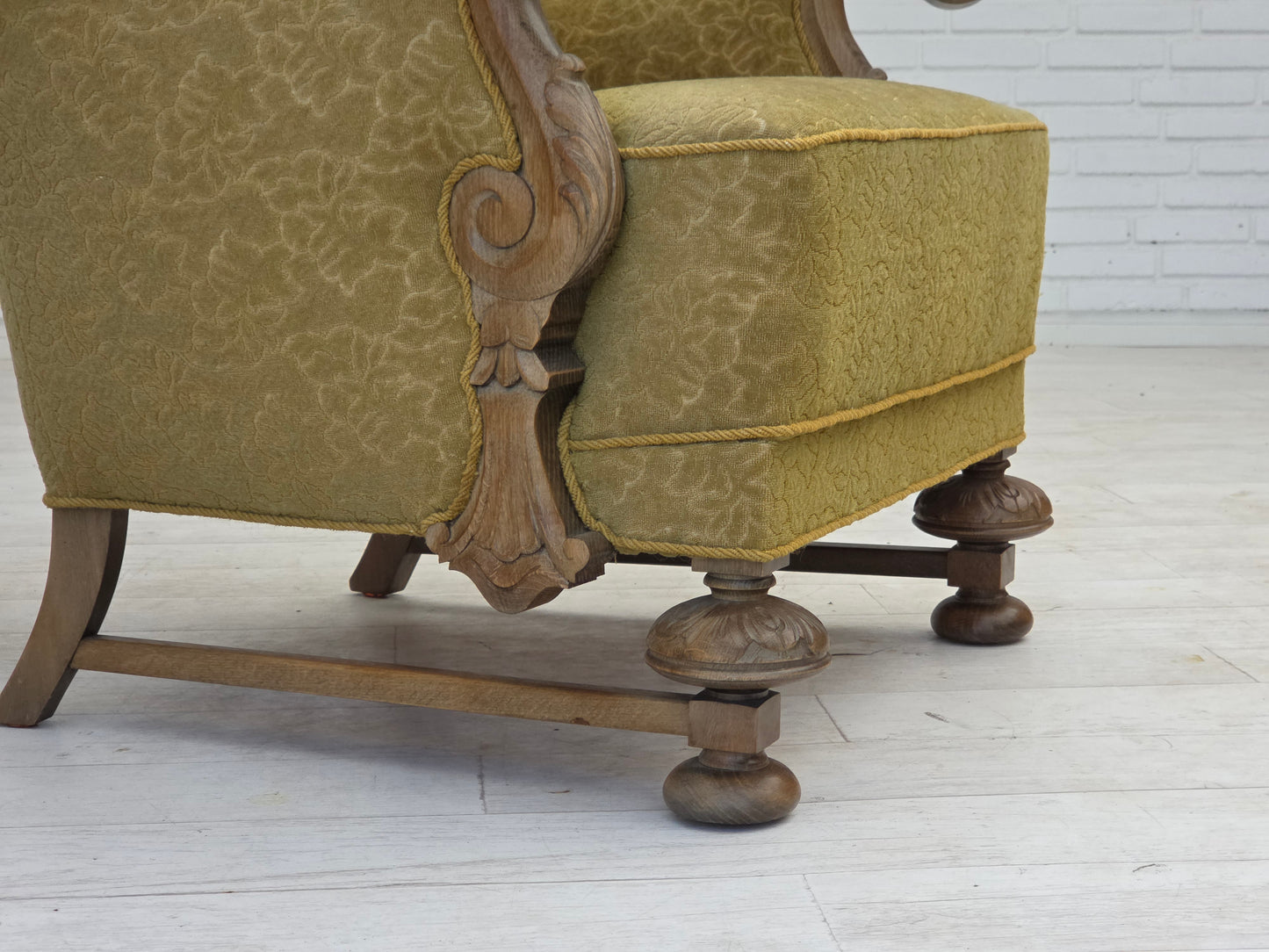 1960s, Danish highback armchair, furniture cotton/wool fabric, solid oak wood.