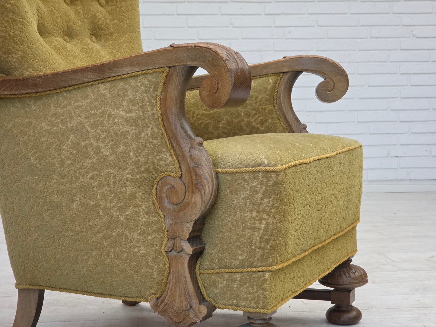 1960s, Danish highback armchair, furniture cotton/wool fabric, solid oak wood.