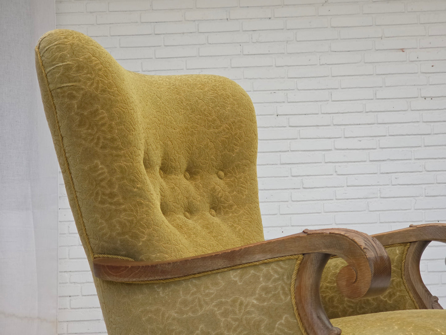 1960s, Danish highback armchair, furniture cotton/wool fabric, solid oak wood.