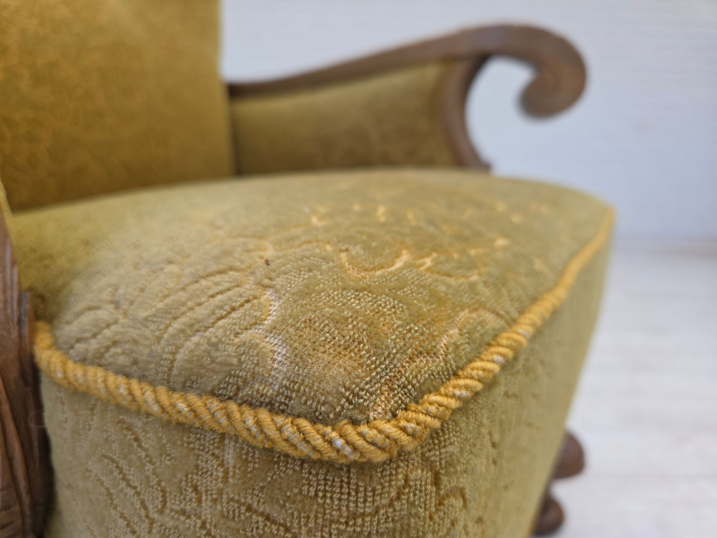 1960s, Danish highback armchair, furniture cotton/wool fabric, solid oak wood.