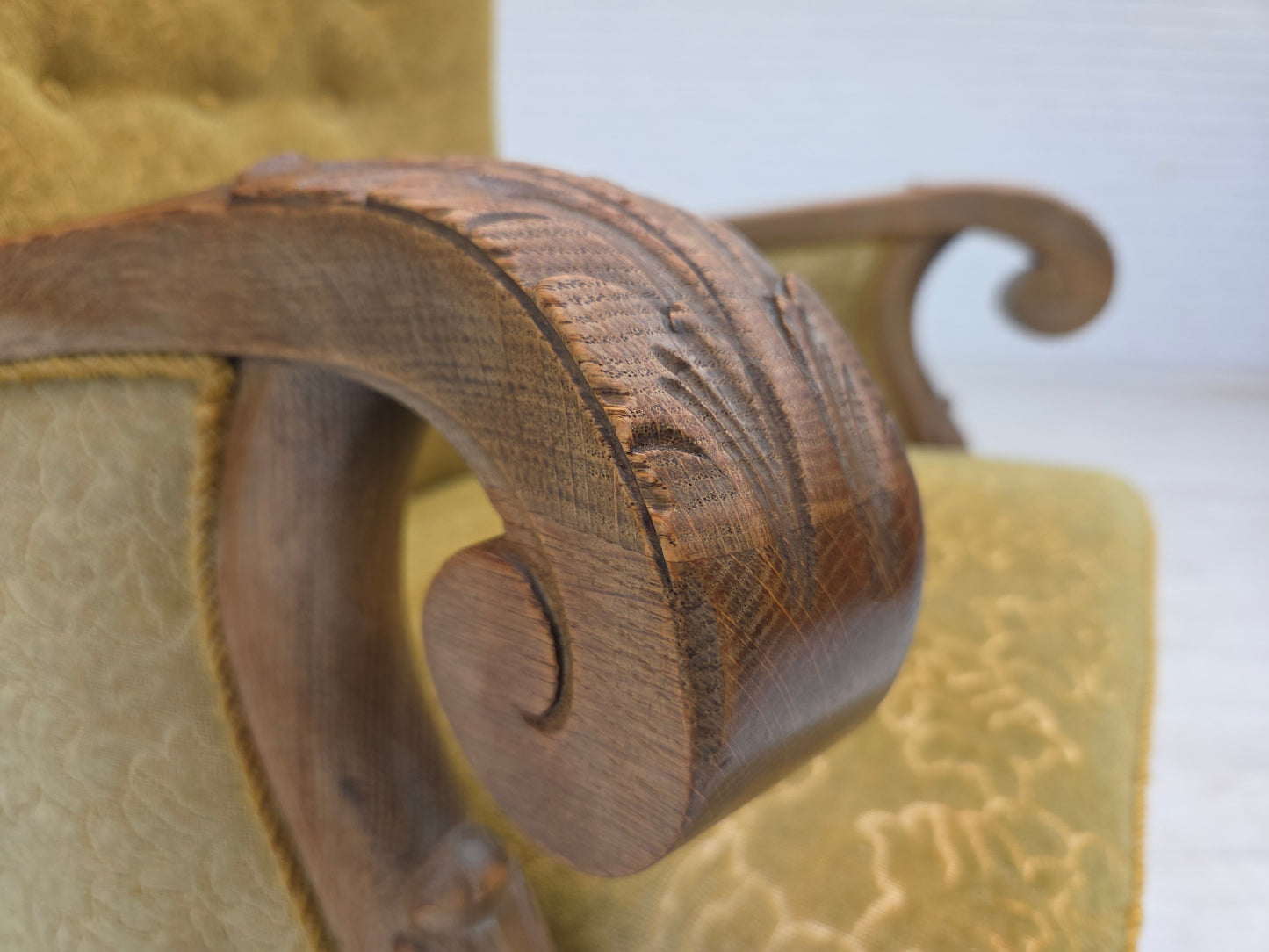 1960s, Danish highback armchair, furniture cotton/wool fabric, solid oak wood.