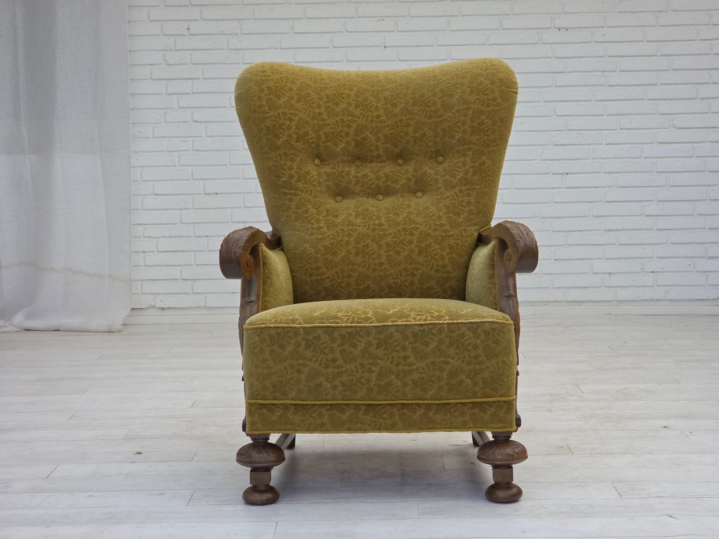 1960s, Danish highback armchair, furniture cotton/wool fabric, solid oak wood.