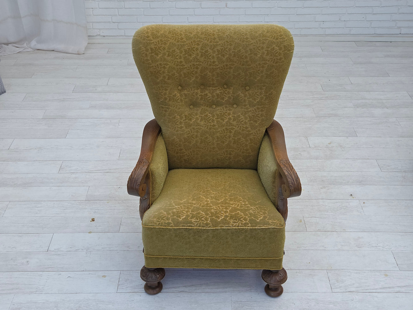 1960s, Danish highback armchair, furniture cotton/wool fabric, solid oak wood.