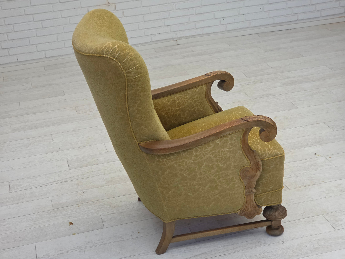 1960s, Danish highback armchair, furniture cotton/wool fabric, solid oak wood.